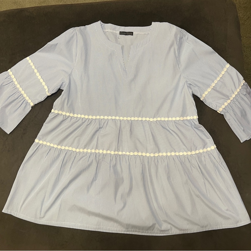 Blue Women's Tunic with White Pipping Accents Boho Bell Sleeves